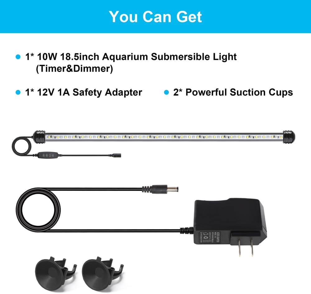 DaToo 4W 7.5inch Submersible Aquarium Light Underwater Fish Tank - 10W 18.5inch (With Timer&Dimmer) - image 2