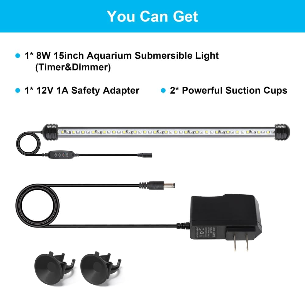 DaToo 4W 7.5inch Submersible Aquarium Light Underwater Fish Tank - 8W 15inch (With Timer&Dimmer) - image 4