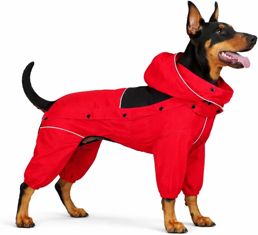 LOVELONGLONG Fleece-Lined Dog Raincoat with Removable Hood - Red-Fleeced / 3XL (Back 22")