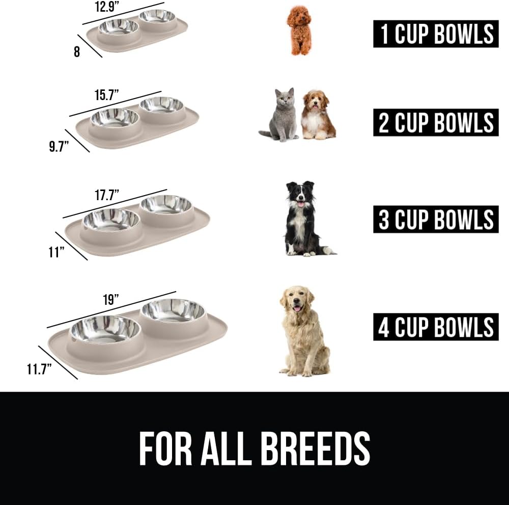 GORILLA GRIP Dog Bowl Set with Feeding Mat - Beige / 2 Cup Bowls - image 3
