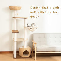 Wooden Cat Tower for Large Cats, 63’‘ Modern Multi-Level Condo with Natural Wood, Indoor Cat Furniture for Medium and Big Pets (White 81007DD)