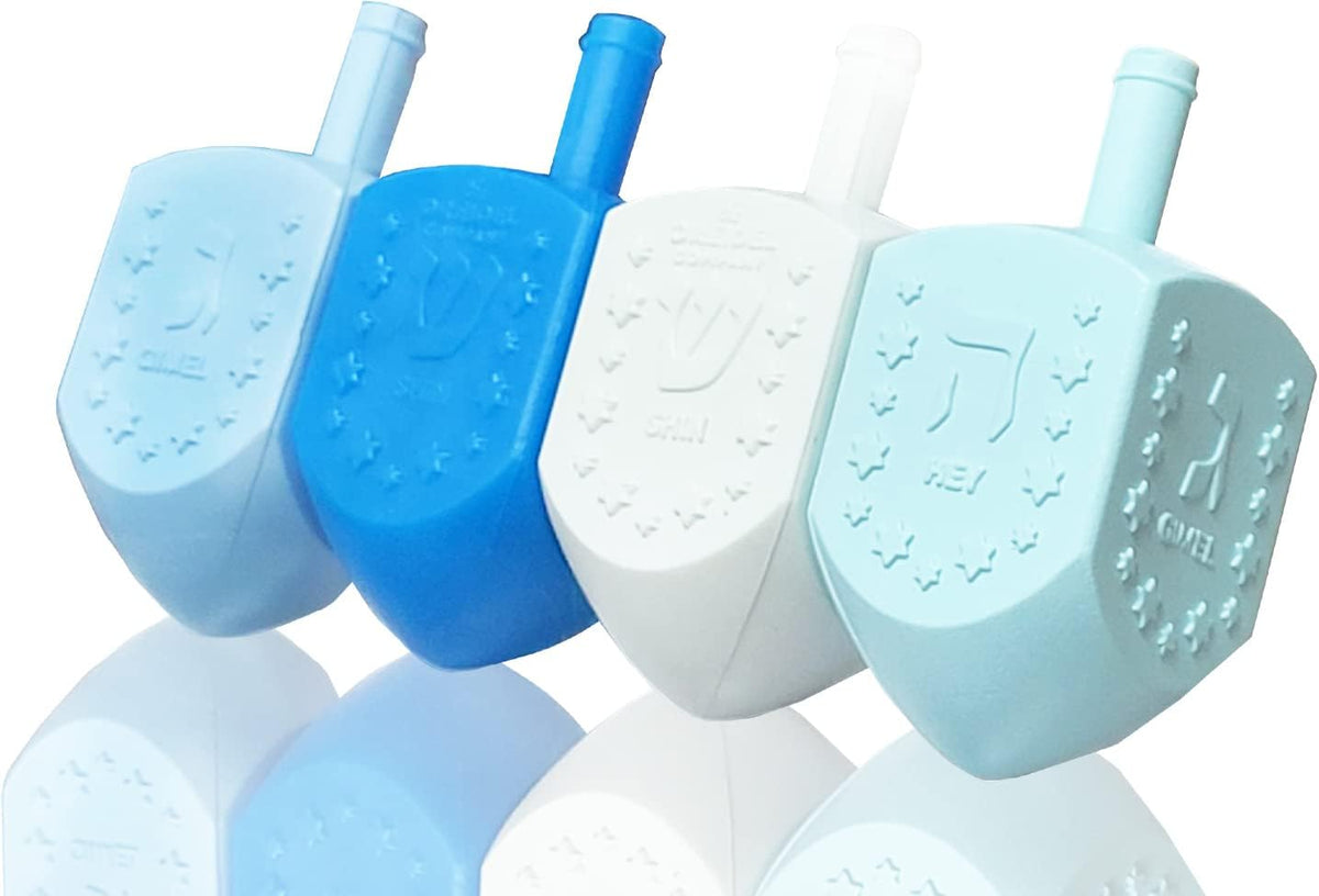 The Dreidel Company 25 pack Hanukkah dreidels in blue and white plastic with foil Hebrew letters - view 7