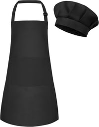 Kids Apron and Chef Hat Set Adjustable Child Art Aprons with 2 - B-black / Small