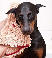 Soggy Doggy Super Shammy Dog Towel - Microfiber Chenille Towel for Drying Dogs and Cleaning Paws - Fast Drying with Hand Pockets for Ease (Beige/Red Trim, 31” x 14”)