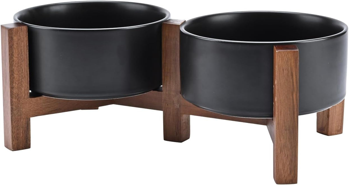 SPUNKYJUNKY Ceramic Dog Bowls with Acacia Wood Stand - 28.74 oz / Black