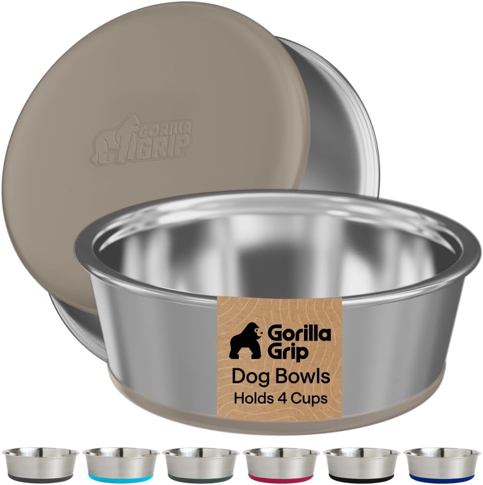 GORILLA GRIP Dog Bowl Set, Food Grade 304 Stainless Steel, 8 Cup - Beige / 4 Cup (Set of 2)