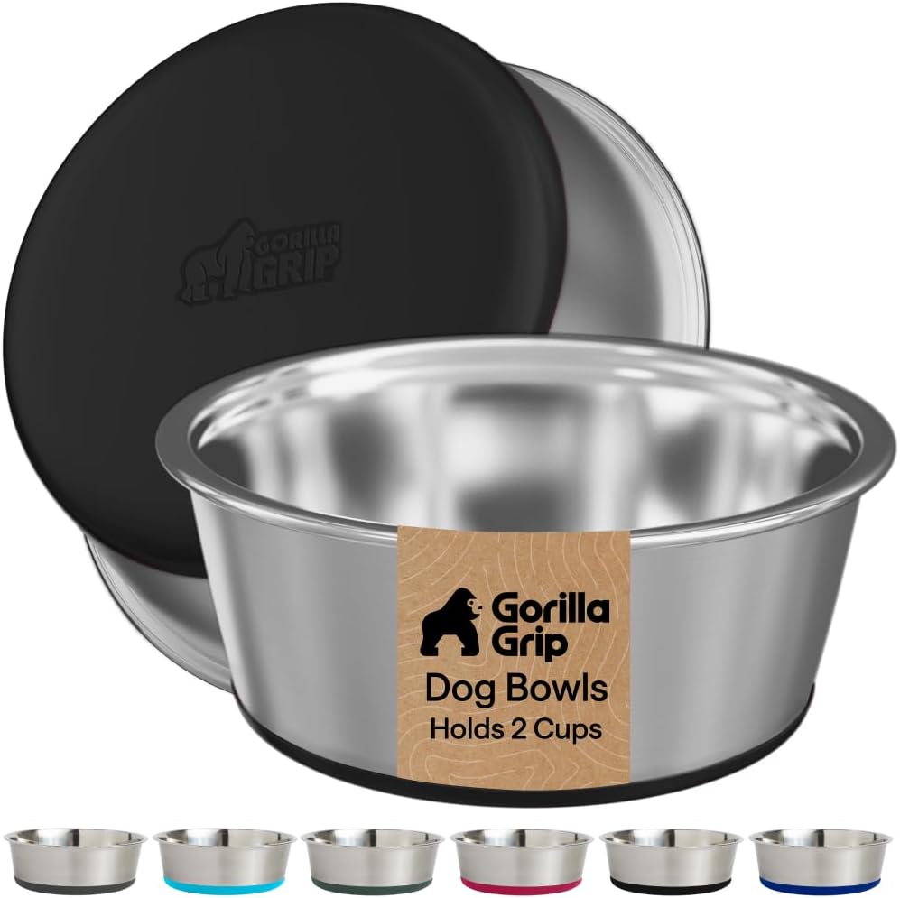 Gorilla Grip set of two 2 cup 304 stainless steel dog bowls with silicone bottoms