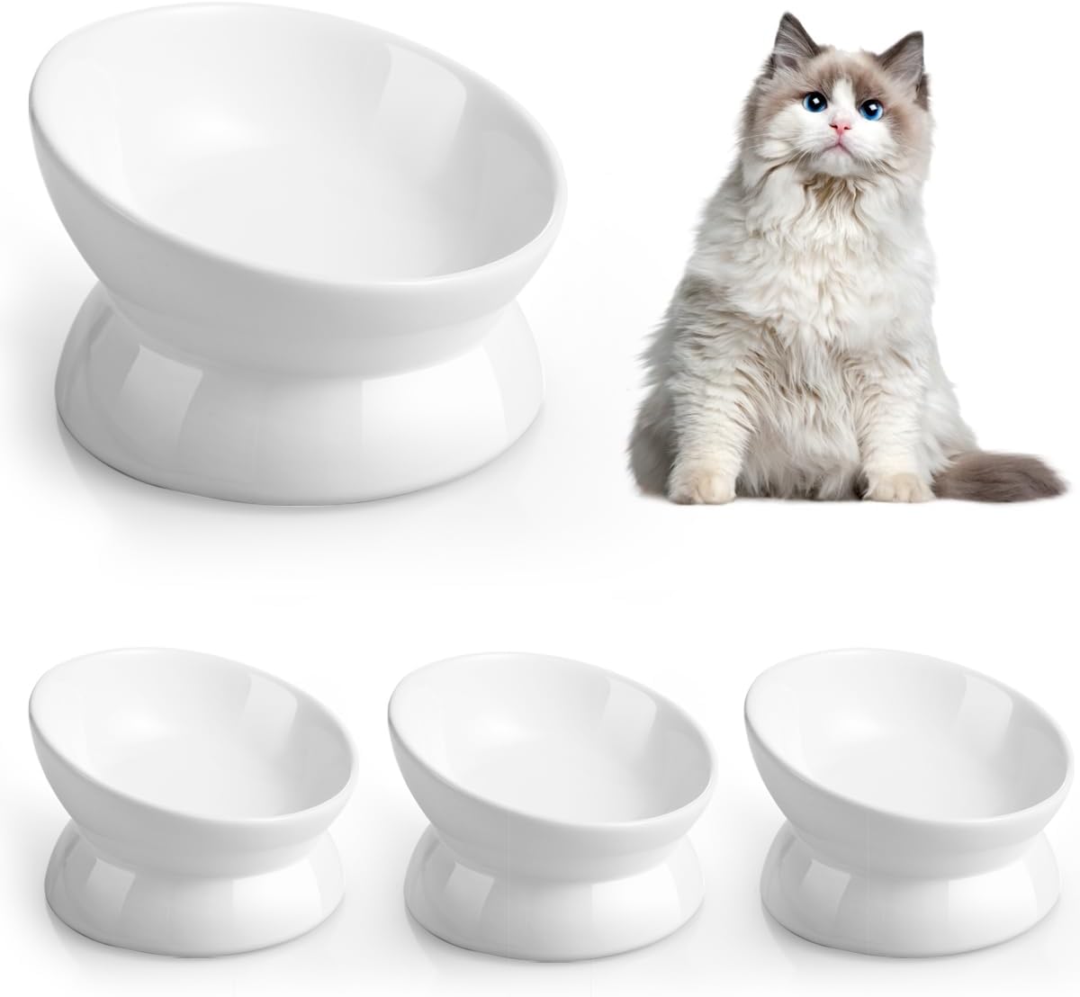 Elevated Cat Food Bowl, 5 Oz Ceramic Raised and Tilted Water Bowl, Anti Vomiting and Protect Pets' - White / 5 OZ - 4 Pack