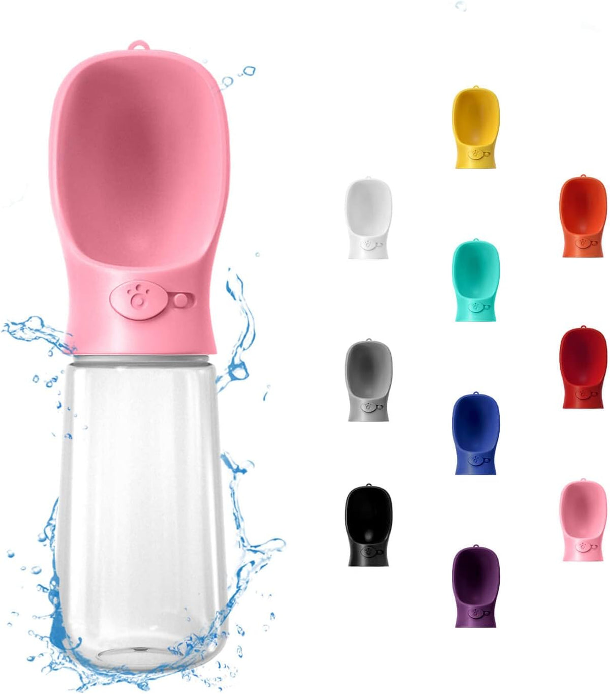 Pink WePet portable dog water bottle, 19 fl oz with one-key water release
