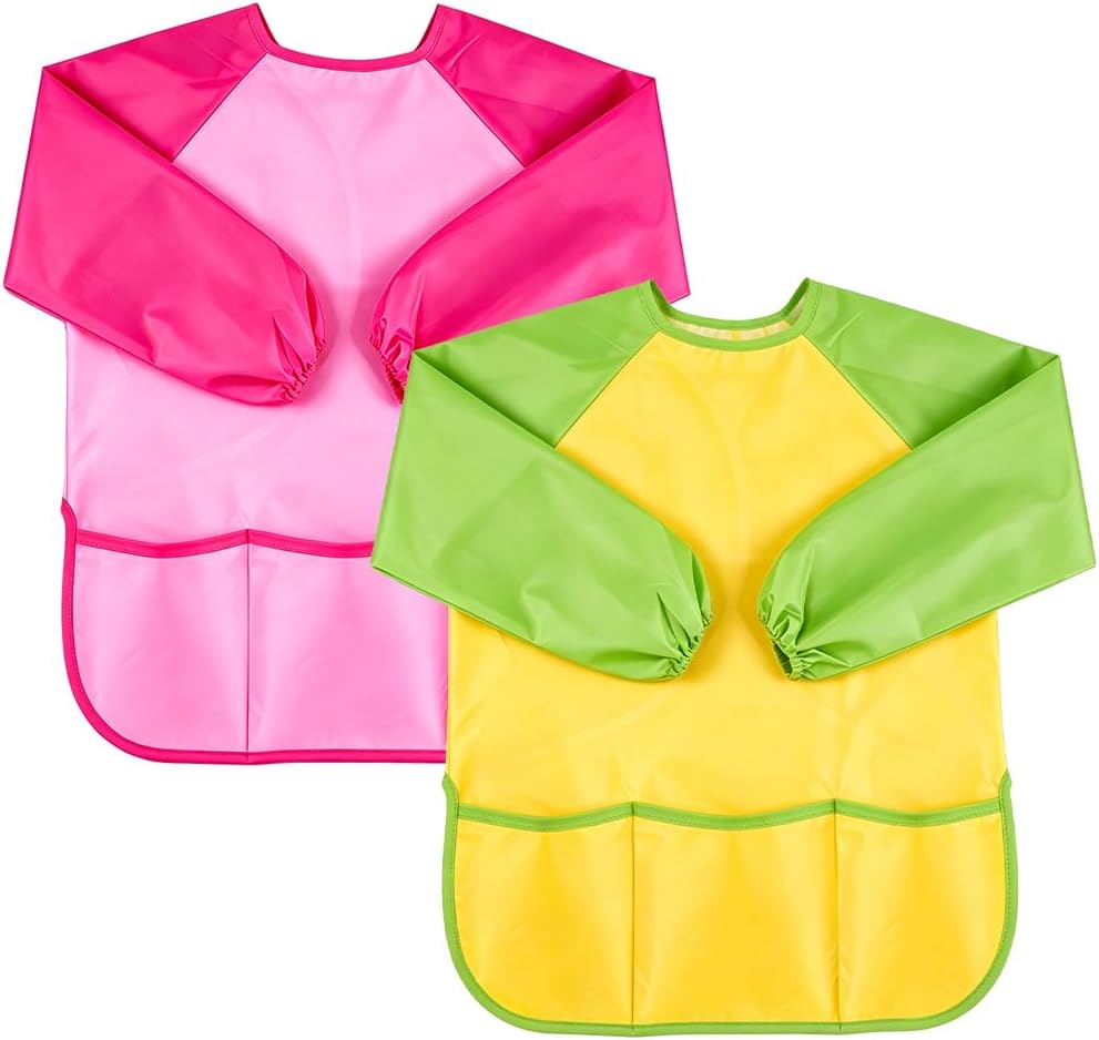 KUUQA Waterproof Children Art Smock Kids Art Aprons – Fun for Kids & Family - Green+light Pink / 2