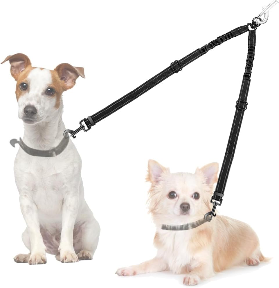 Double dog leash coupler with 360 degree swivel and reflective stitching