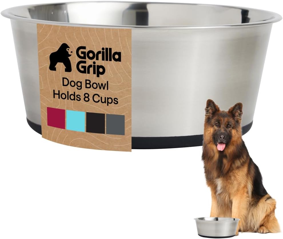 GORILLA GRIP Dog Bowl Set, Food Grade 304 Stainless Steel, 8 Cup - Black / 8 Cup - Single Bowl