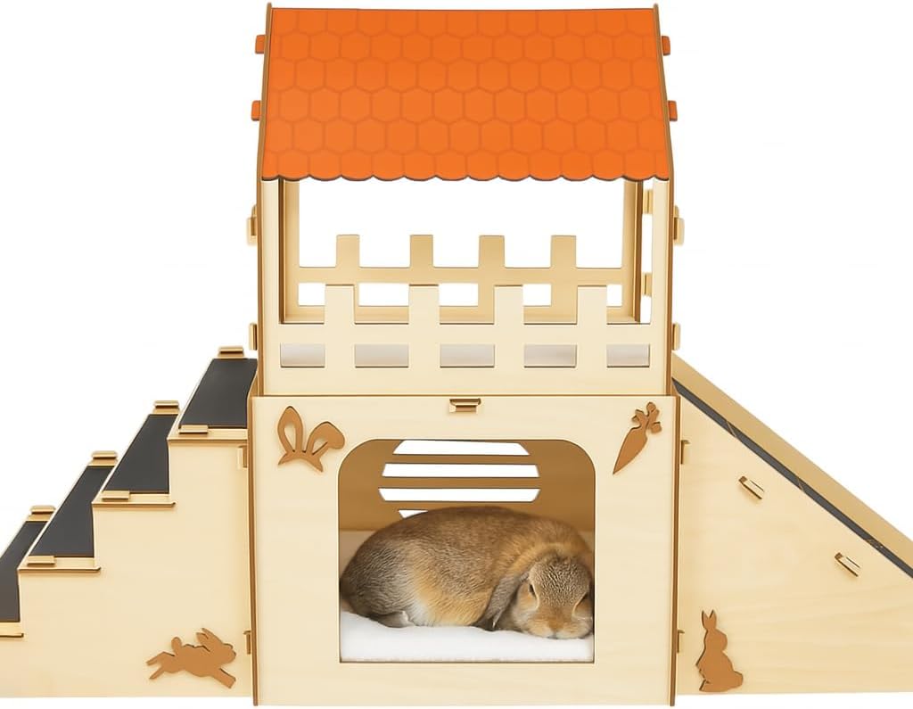 Extra Large Bunny Hideout, Wooden Rabbit Castle with Fleece Mats – Essentials for Small Pets - Pet Safe Wood Joints