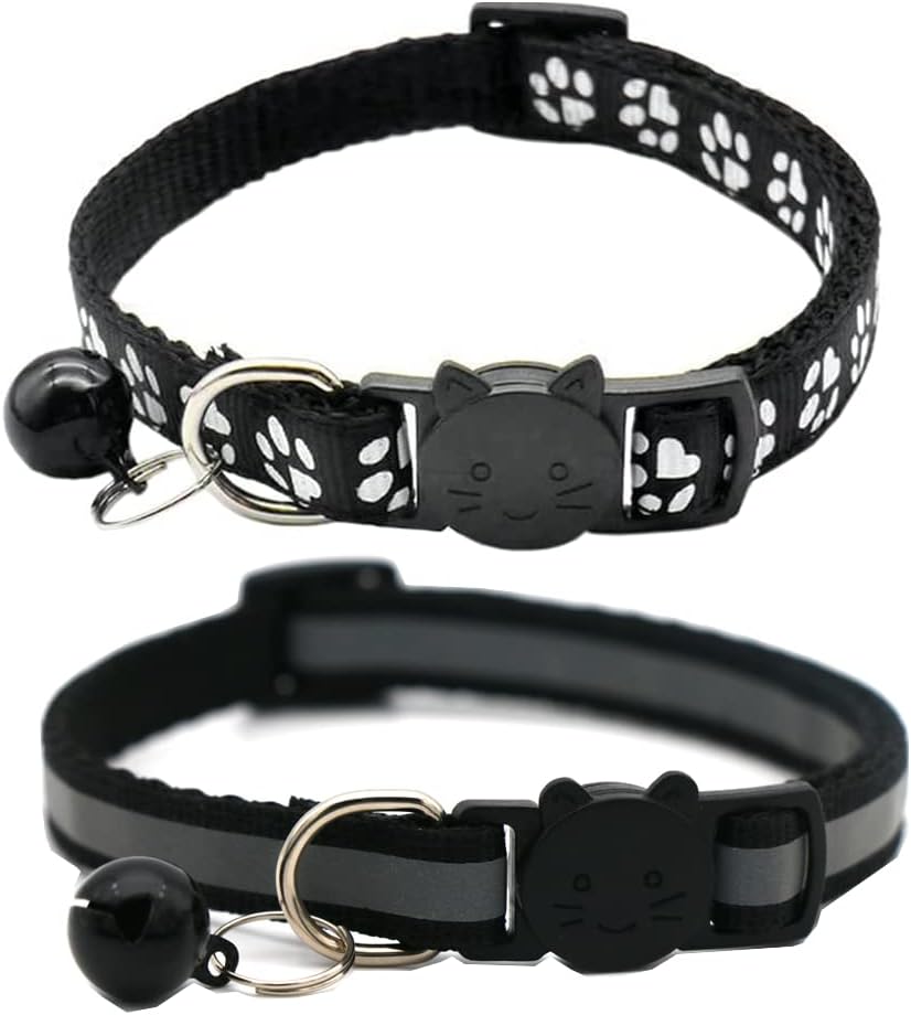 Pack of two breakaway cat collars with bell, paw print and reflective strip