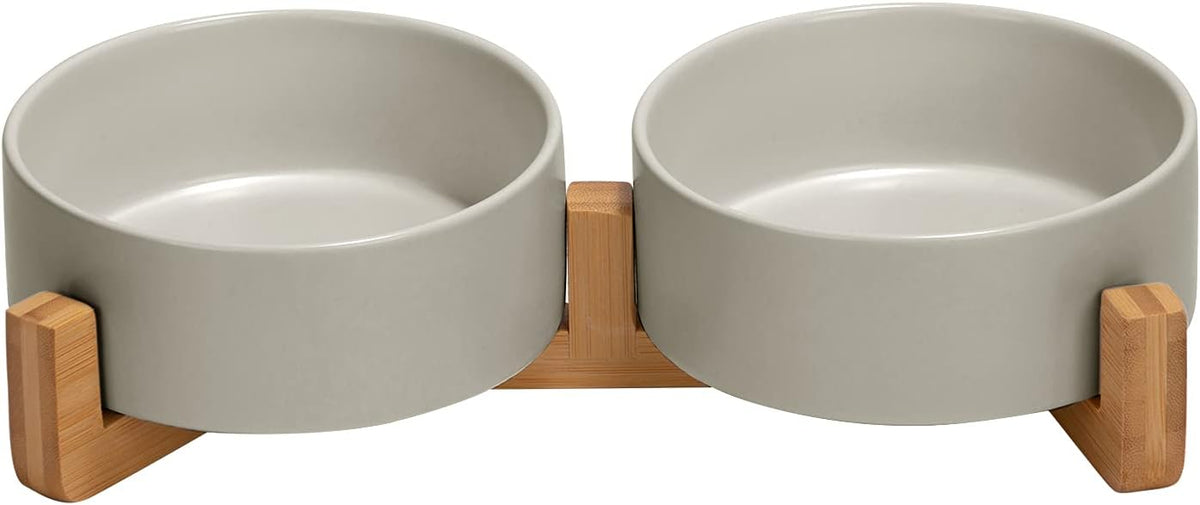 SPUNKYJUNKY Ceramic Dog and Cat Bowl with Wood Stand Non-Slip Matte - 1.7 cups / Grey × 2