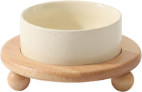 Cat Bowls Set of Two, 5.1” Ceramic Cat Food Bowls - Light Yellow / Bowl+Tray - 5.1"