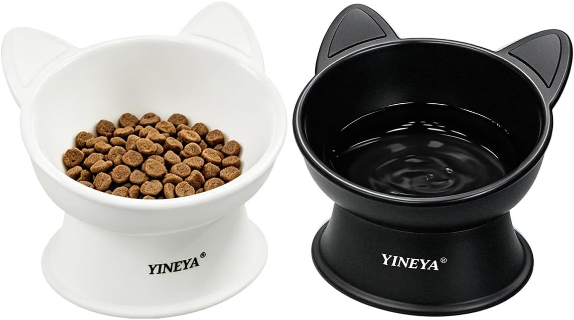 YINEYA 2 Pack Cat Food Bowls Elevated Design for Neck Comfort - Black&White