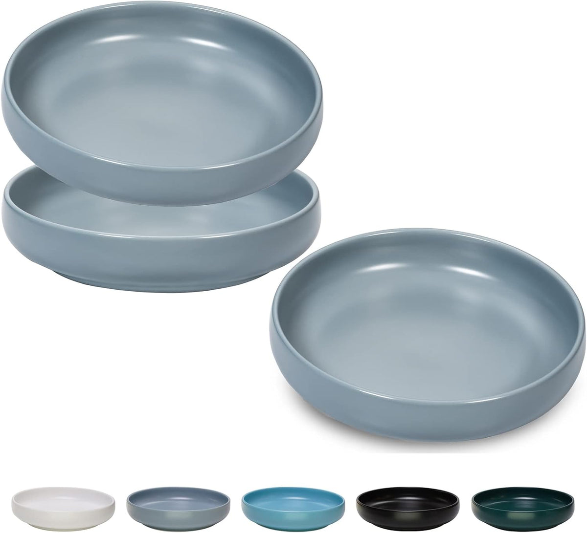 Ceramic Cat Bowls, Shallow Cat Dishes for Food and Water - Bluish grey-3pack