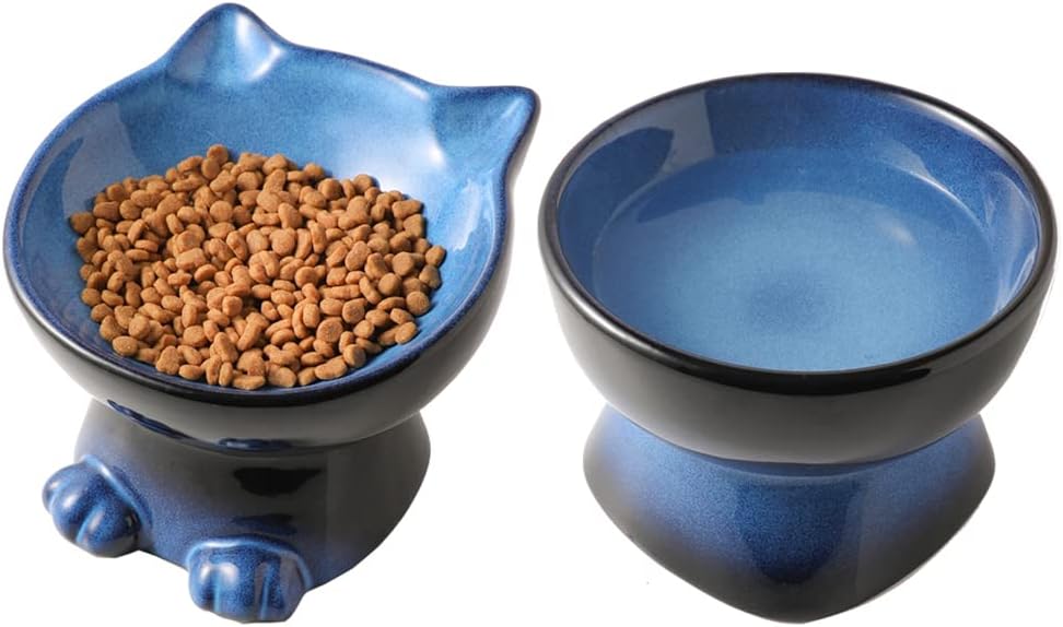 Nihow Ceramic Basic Cat Bowls: 5 Inch Cat Bowl for Food & Water – Essentials for Cats - 6.8 OZ+15.5 OZ / Blue & Black