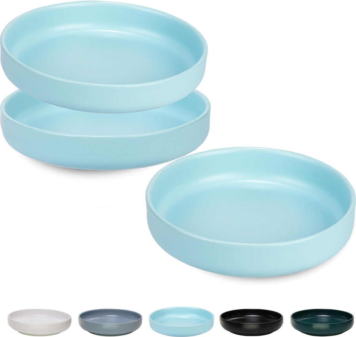 Ceramic Cat Bowls, Shallow Cat Dishes for Food and Water - Blue-3pack
