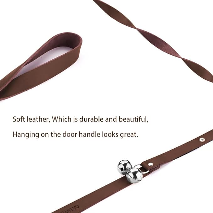 Leather Dog Doorbells for Door Knob/Potty Training/Go Outside, Length Adjustment Copper Dog Bell, Housetraining Hanging Bell, Dark Brown Leather Silver Bells