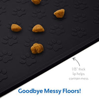 MIGHTY MONKEY 100% Waterproof Dog Food Mat, Raised Edges Silicone Pet Feeding Placemat for Cat, Dogs, Pet Bowls, High Lipped Tray Prevents Water Spills, Food on Floor, Dishwasher Safe, 24x16, Black