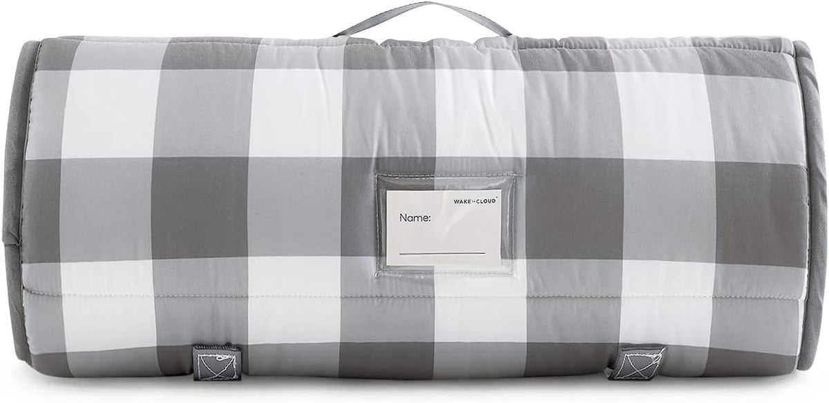 Wake In Cloud toddler nap mat in gingham plaid with built-in blanket and pillow - view 12