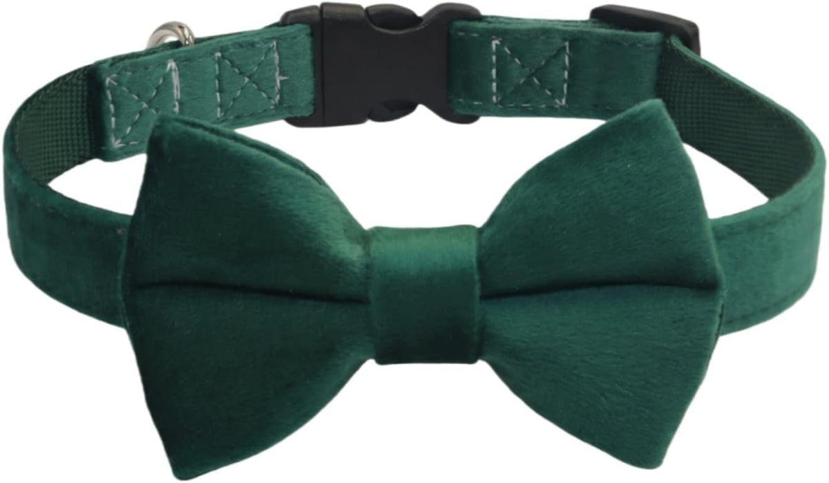 Dog Collar with Bowtie Soft Velvet Material with Quick Release Buckle - L / Green