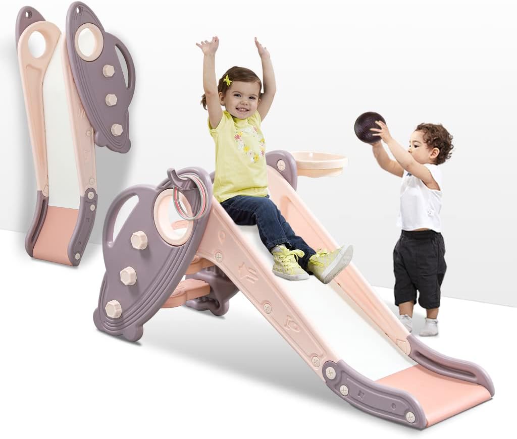 Onasti Kids Slide for Toddlers Age 1-3 with Basketball Hoop & Ring - Lila Pink