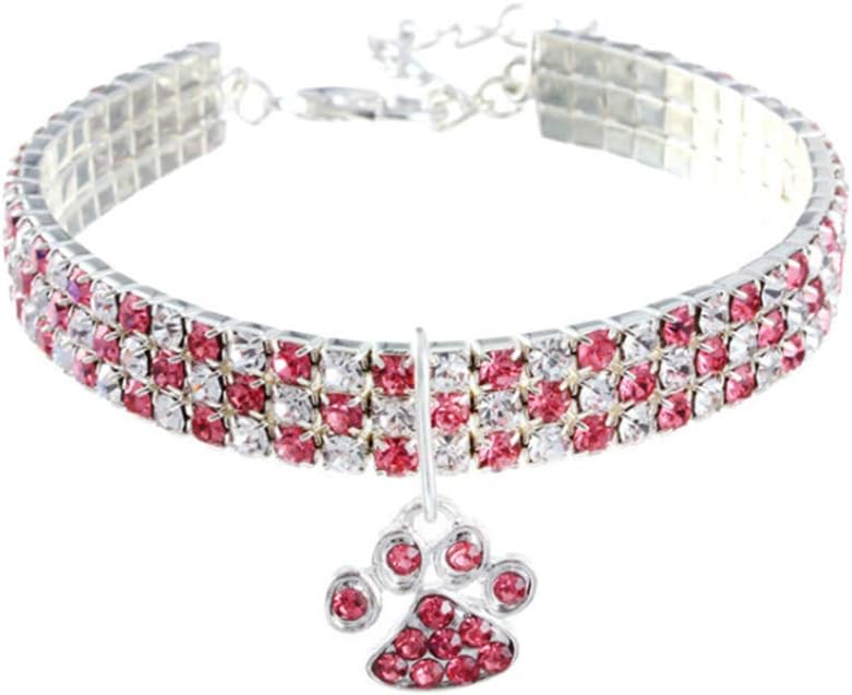 Pet Collar with Diamonds, Adjustable Crystal Diamond Elastic Heart Claw Pendant Wedding cat and Dog - M / Pink