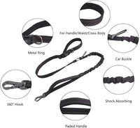 Hands Free Dog Leash for Large Medium Dogs Heavy Duty Bungee Reflective Adjustable Waist Leashes for Walking Running with Car Buckle 4-6FT (Black)
