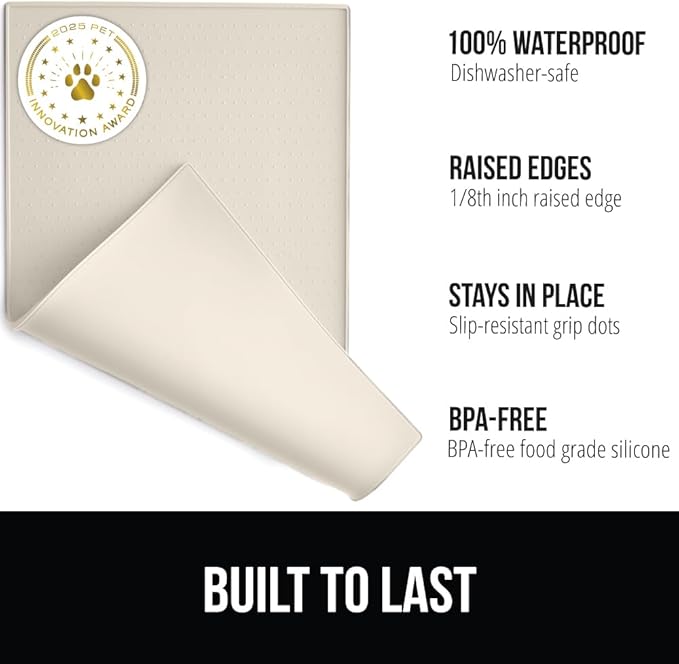 GORILLA GRIP 100% Waterproof Raised Edge BPA Free Silicone Pet Feeding Mat, Dog Cat Food Mats Contain Spills Protects Floors, Placemats for Cats and Dogs Water Bowl, Pets Accessories 16x10, Cream