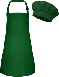 Kids Apron and Chef Hat Set Adjustable Child Art Aprons with 2 - I-dark Green / Large