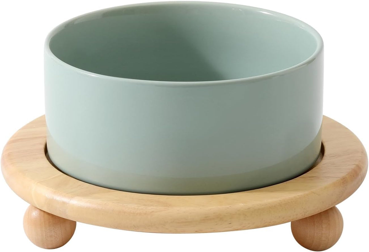 Cat Bowls Set of Two, 5.1” Ceramic Cat Food Bowls - Light Green / Bowl+Tray - 6.1"