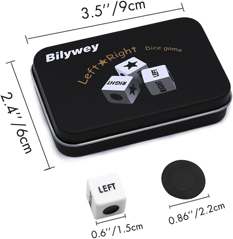 Bilywey Left Right Dice Game Set with 3 Dices + 36 Black Chips – Fun for Kids & Family - Black - image 4