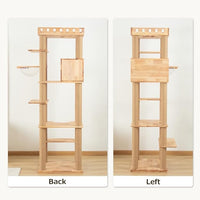 74.8" Wooden Cat Tree Tower for Large Cats, Multi-Level Cat Climbing Furniture with Scratching Posts, Cat Condo & Hammock, Natural Wood Cat Activity Center (Brown)