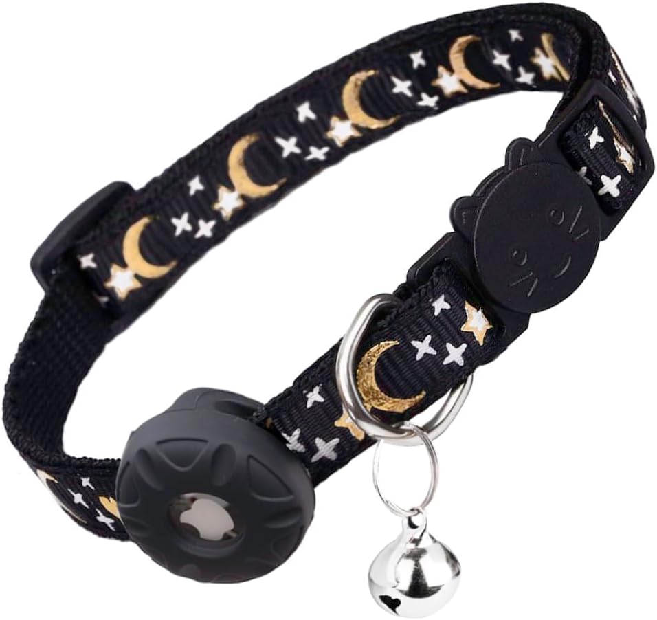 Breakaway Cat Collar with Airtag Holder, Kitten Collar with Bell - black moon