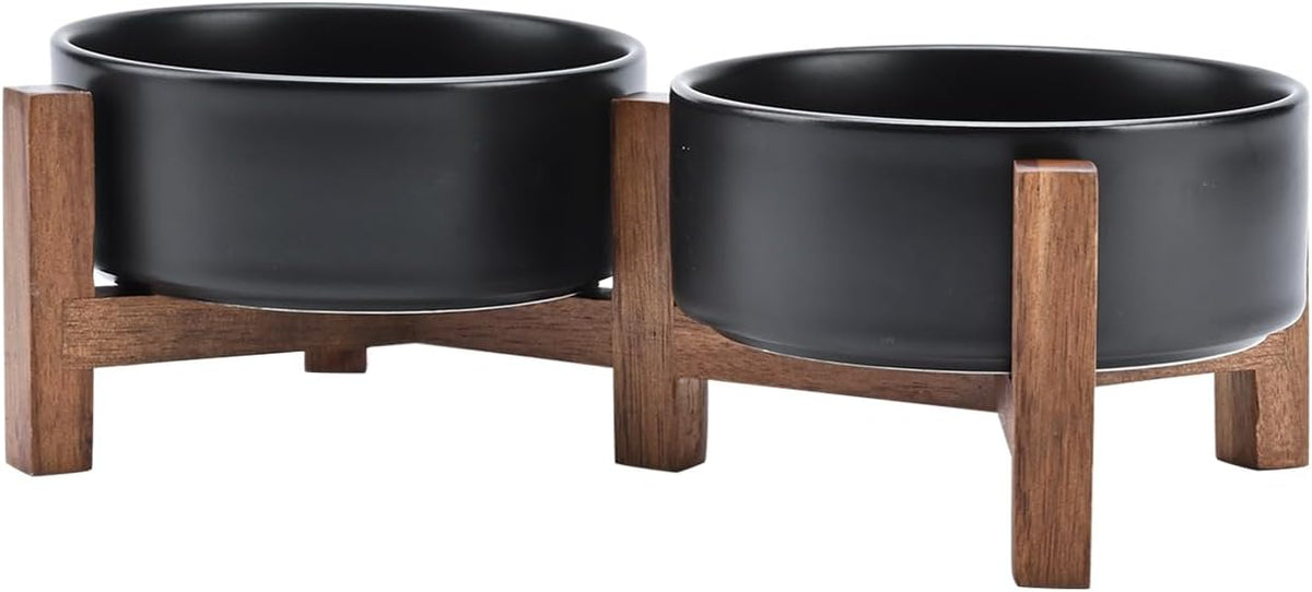 SPUNKYJUNKY Ceramic Dog Bowls with Acacia Wood Stand - 13.52 oz / Black