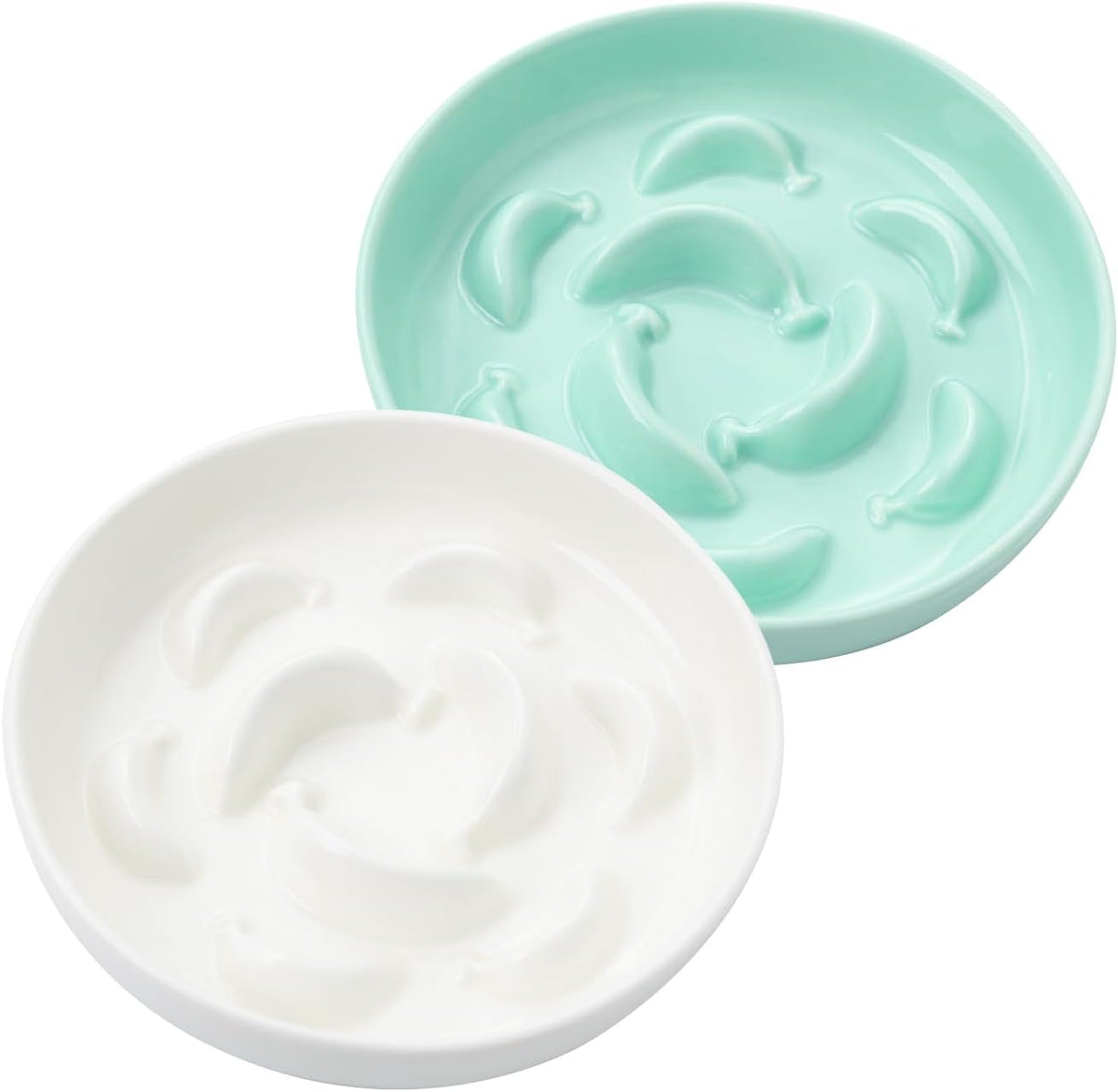 2 Pack Ceramic Cat Slow Feeder Bowl Set, 6.3" Wide - White and Green