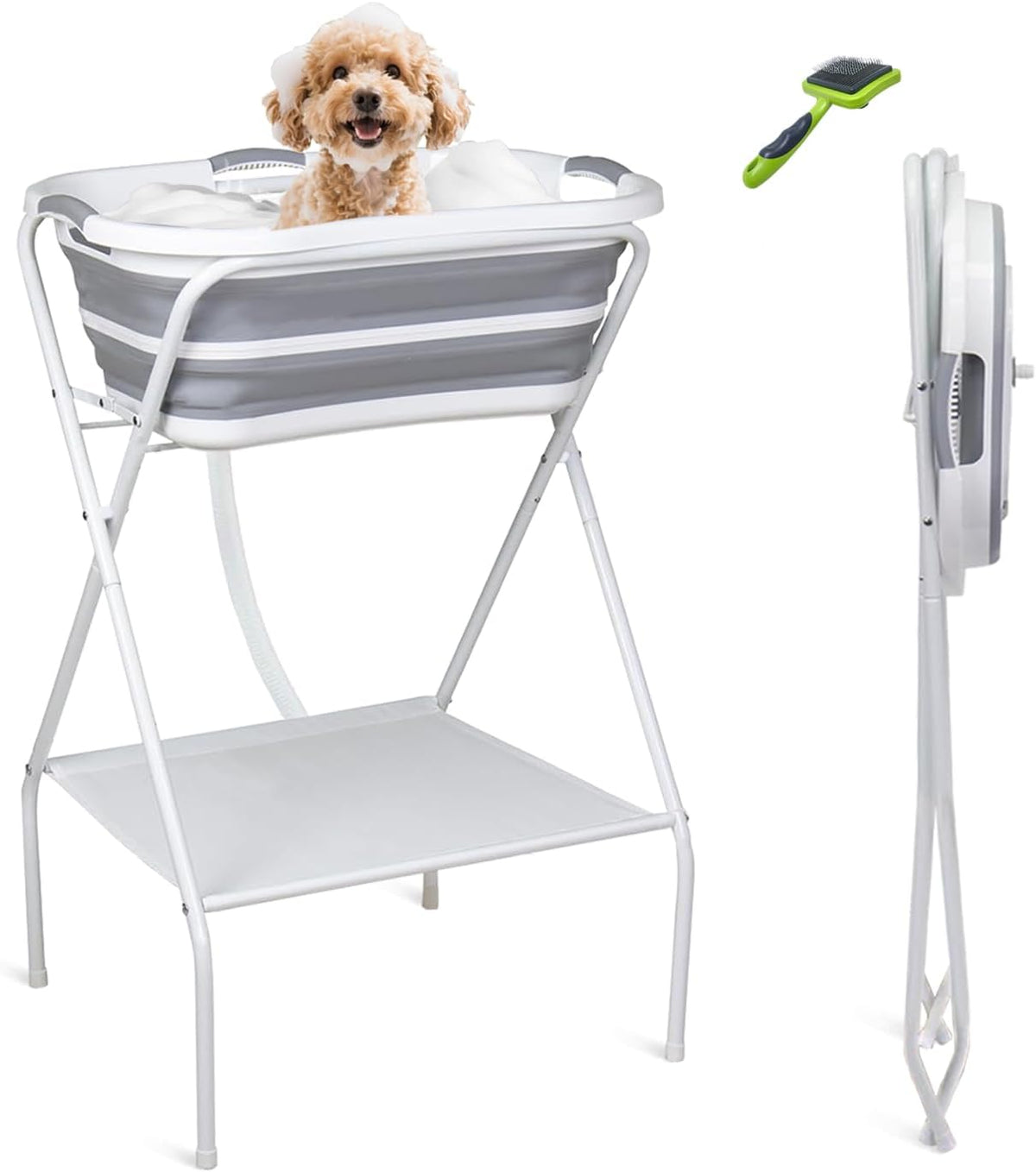 Portable Dog Bath Tub and Dog Washing Station - grayish white - Upgraded version with brush / Upgrade Kit