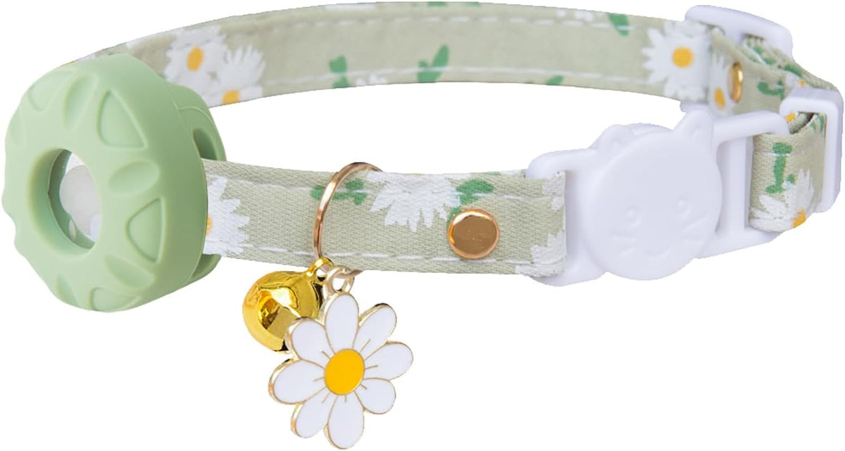 Breakaway Cat Collar with Airtag Holder, Kitten Collar with Bell - Green Daisy