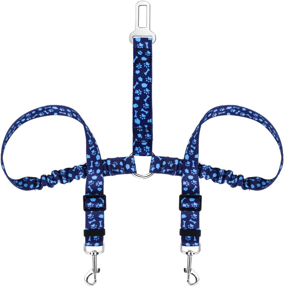 SlowTon Double Dog Seat Belt for Car with Elastic Bungee Buffer - I.Blue Paws / 2 Medium in 1