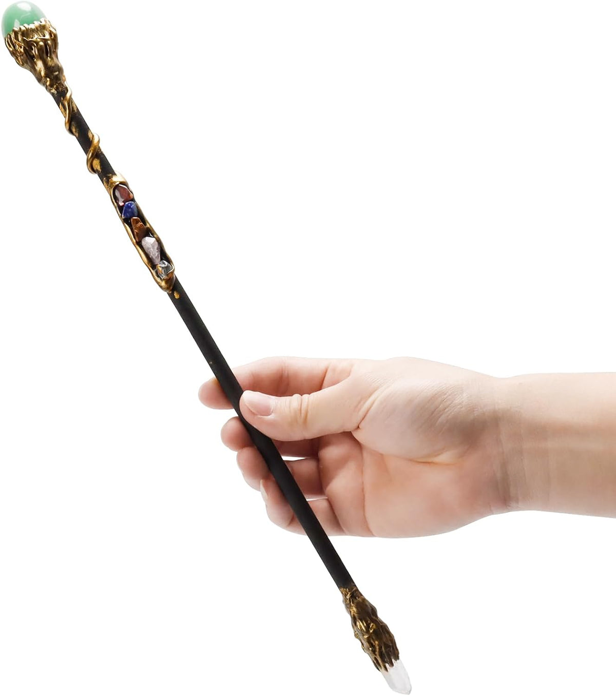 Rich Boxer handcrafted crystal magic wand in wood with gemstone accents, 13.5 inches
