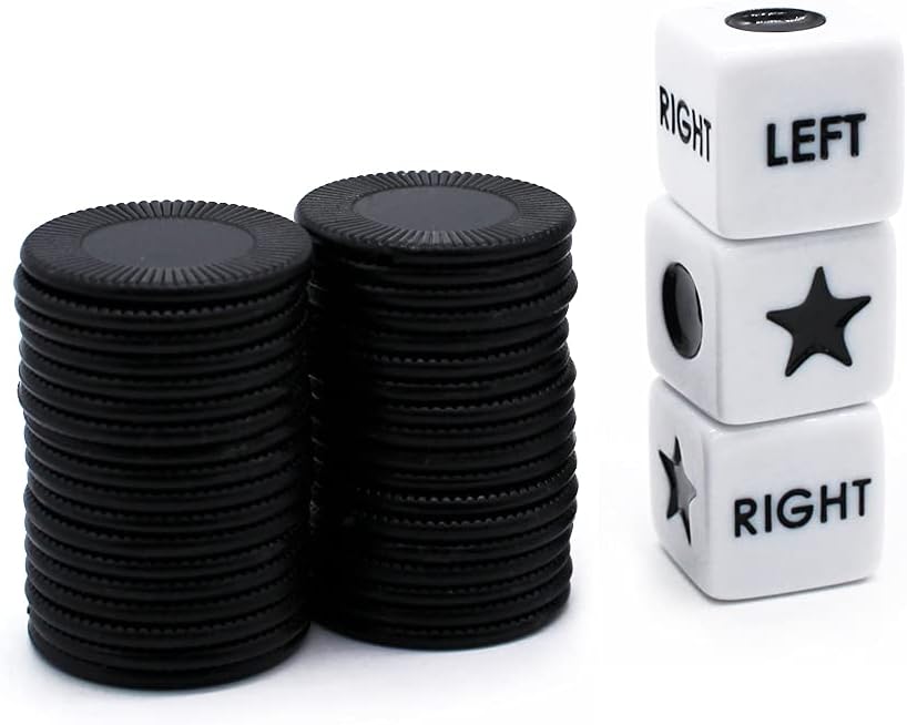 Bilywey Left Right Dice Game Set with 3 Dices + 36 Black Chips – Fun for Kids & Family - Black - image 2