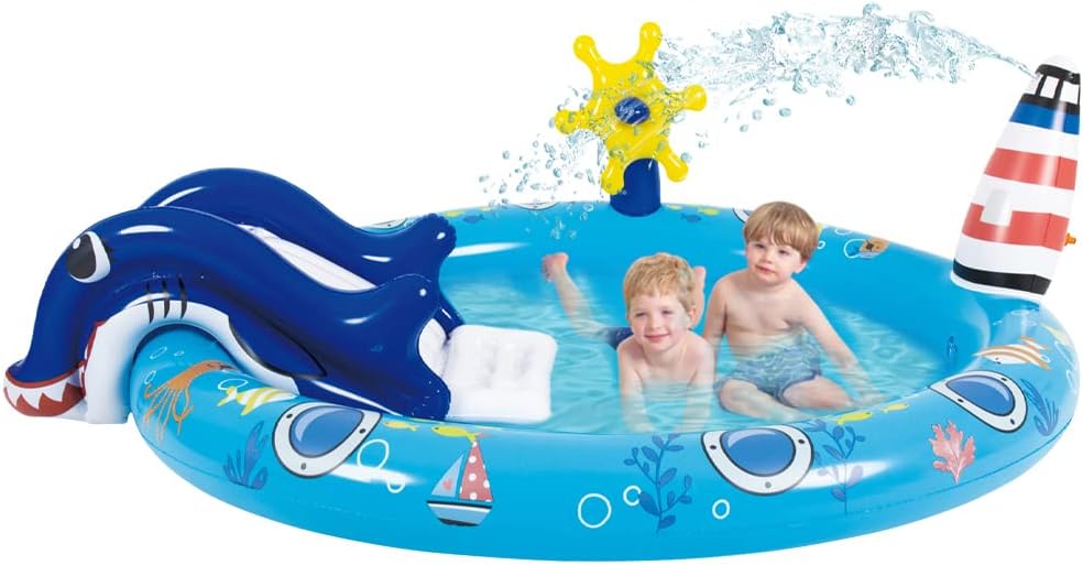 LUKBERA inflatable animal kids pool with slide, sprinkler arch and toy animals
