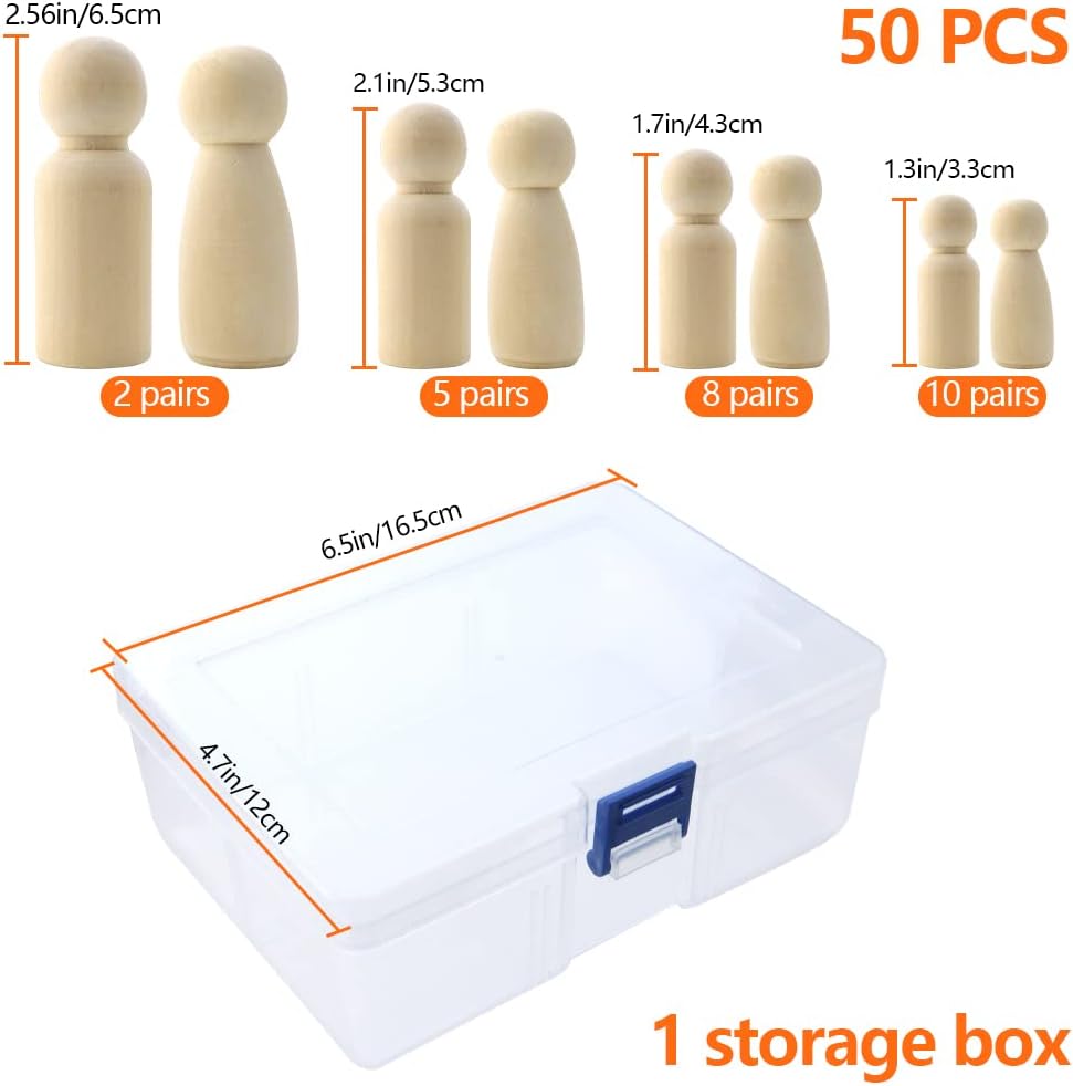 NODG 50 unfinished wooden peg dolls in four sizes, boy and girl shapes, with storage box - view 2