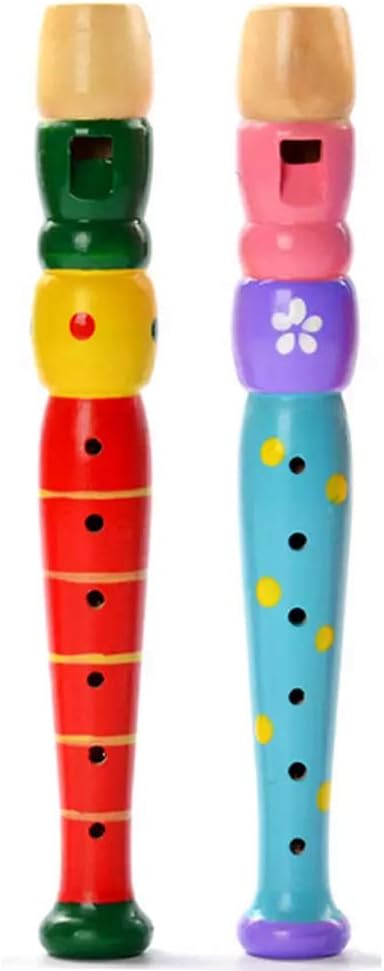 OREN pair of 8 inch patterned wooden flute recorders for children, random colors