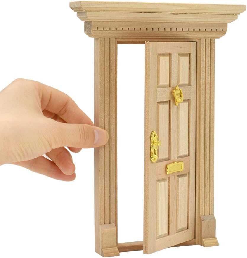 iLAND 1:12 scale unfinished wooden dollhouse door with 3D acrylic windowpane and gold handle - view 4