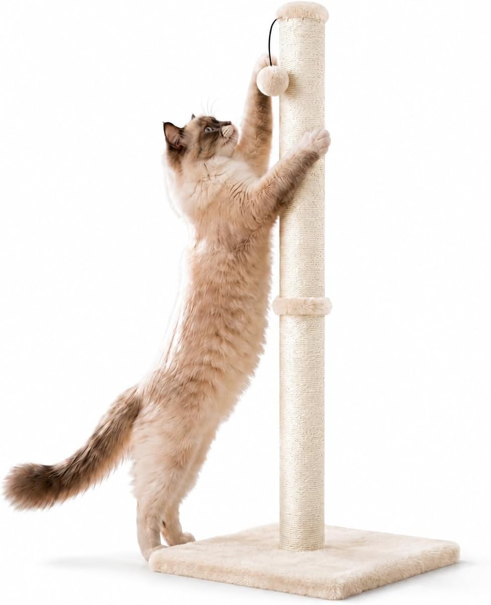 Dimaka Tall Cat Scratching Post Tree Scratcher with Sisal Rope - Beige / 34 inches for Large Cats
