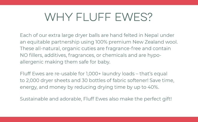 Fluff Ewes Wool Dryer Balls 3 Pack Premium New Zealand Wool Laundry Balls for Dryer, No Static Dryer Balls Laundry Reusable, XL Christmas Dryer Balls, Holiday Dryer Balls - Sheep in Heavenly Peace
